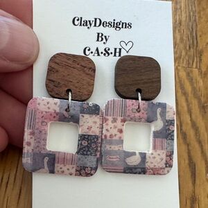 Patchwork Square Earrings with Wood Accents